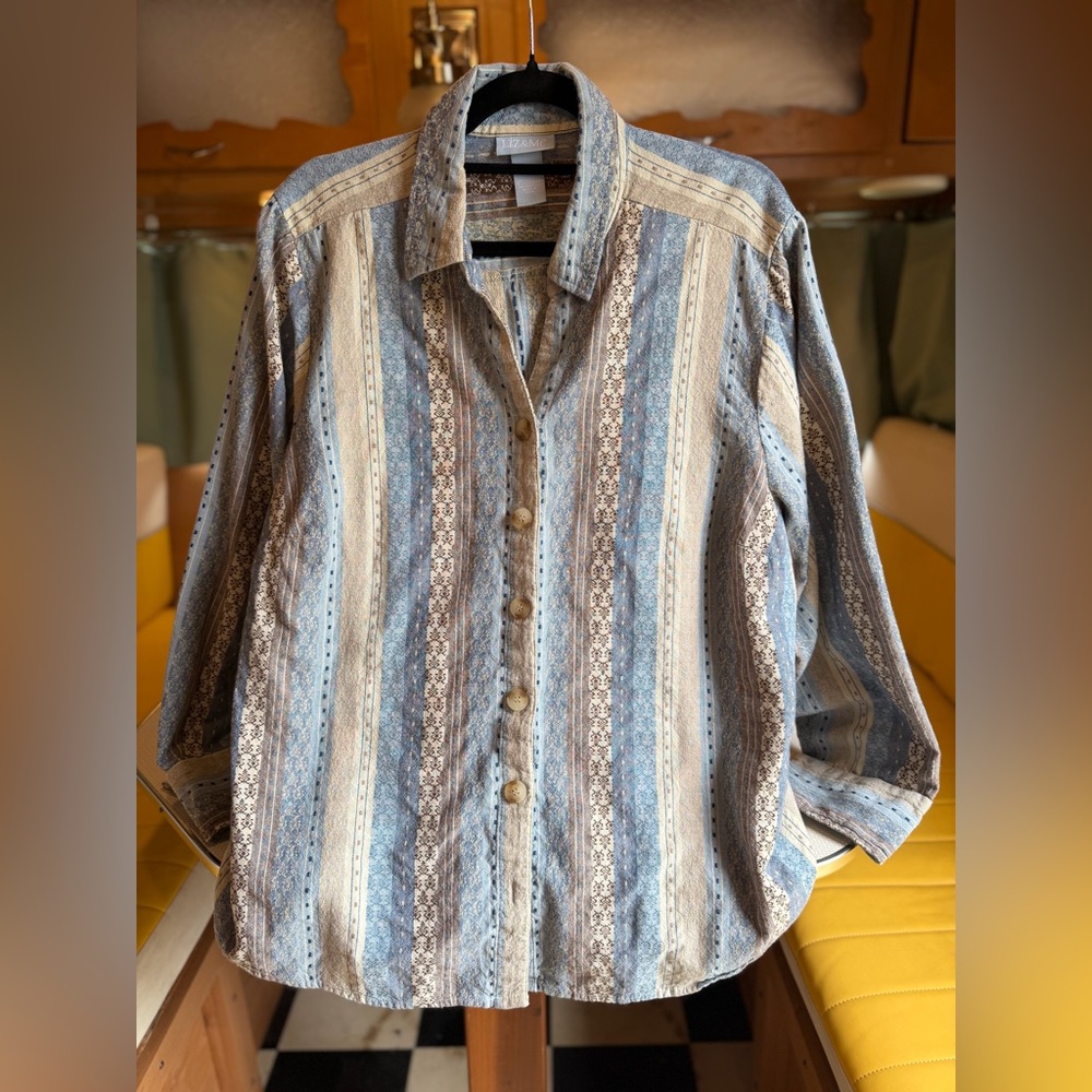 Light Blue and Beige Striped Pattern Cotton Button-Up Shirt